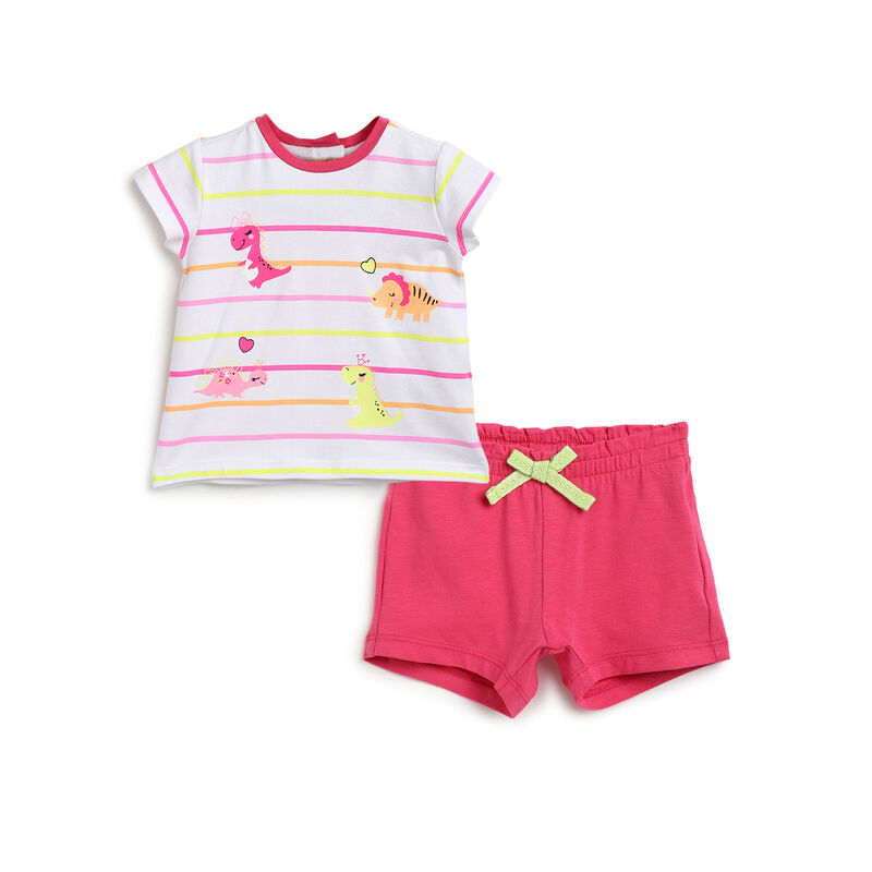 Girls White Printed Outfit with Short Pants image number 0